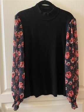 A LOVE STORY Floral Sleeve Black Mockneck Top - L